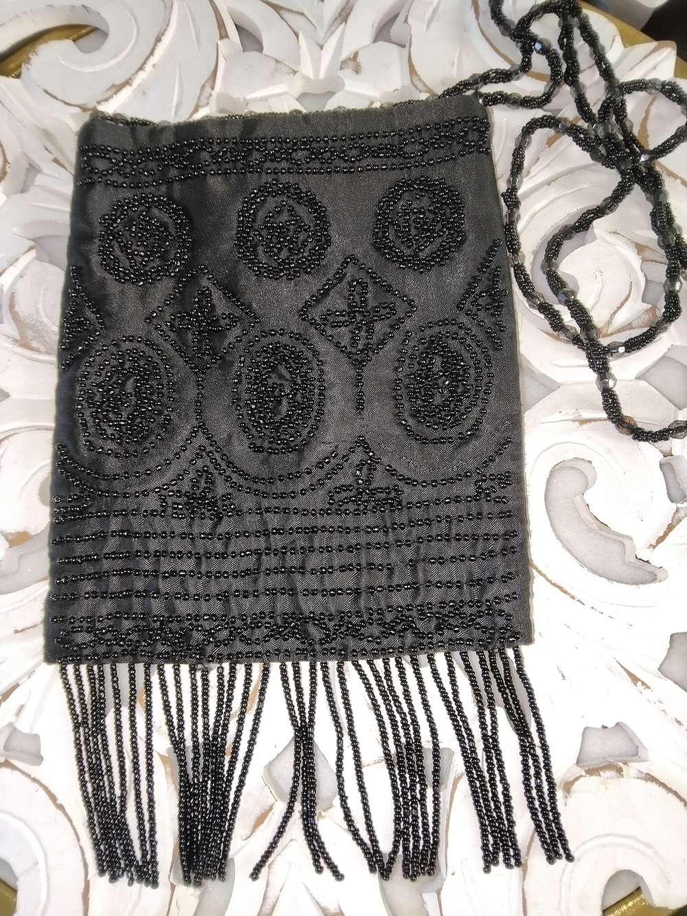 Black Beaded Fringe Crossbody Bag - Unbranded